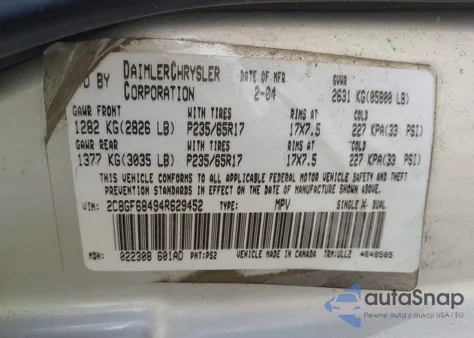 2004 Chrysler Pacifica z USA, uszkodzony, nr VIN 2C8GF68494R629452